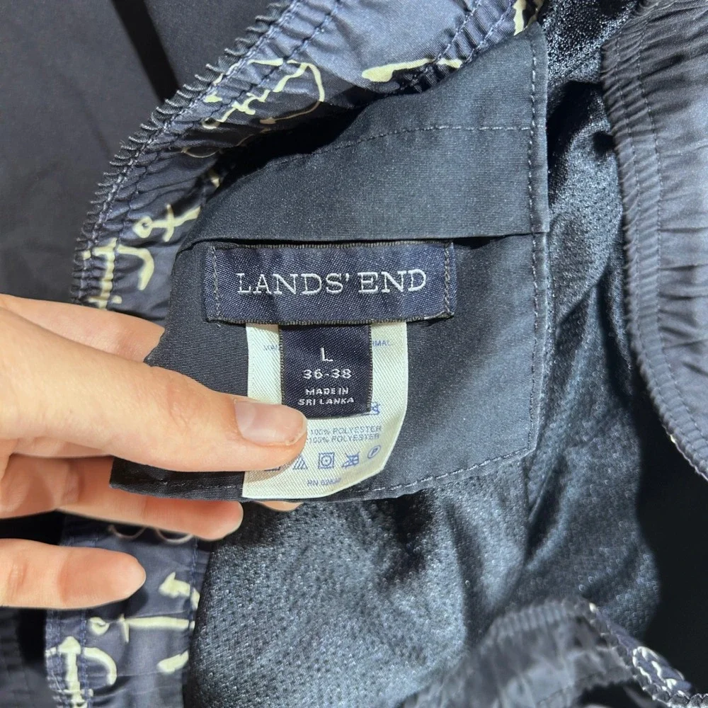 Lands' End Swim Trunks Mens Large 36-38 Navy Blue Excellent Nautical Anchor 1426